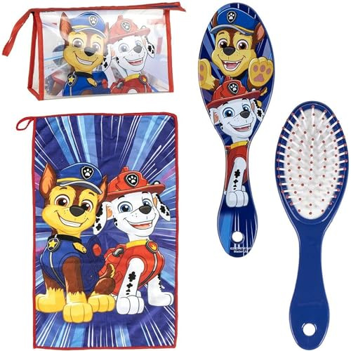 Set per la toelettatura dei bambini Paw Patrol con spazzola, asciugamano e borsa per il trasporto - Kit per l'igiene personale per bambini appassionati di Paw Patrol, ideale per viaggi e asili nido