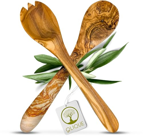 OLIQUE Salatbesteck, Olivenholz - Handgemachtes Salat Besteck Set als individuelles Geschenk (36 cm)