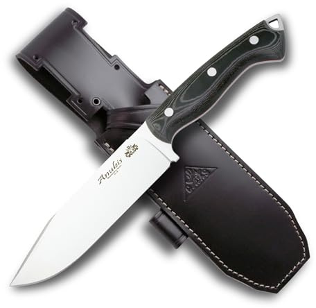 CDS Anubis Messer mit 16 cm MOVA-58 Stahlklinge, Full Tang, Drop Point Spitze, schwarzem Micarta Griff und Lederscheide – ideal für Bushcraft und Survival