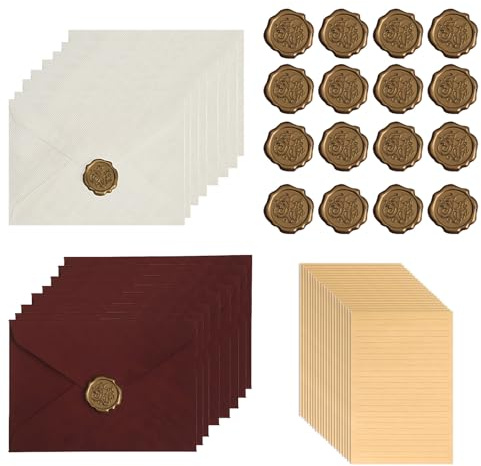 48PCS Briefpapier Set Mit Umschlag, Briefpapier Edel Mit 16 Büttenpapier A5 Und 16 Wachssiegel, Briefumschläge Hochzeit, Vintage Briefpapier Für Liebesbriefe Und Einladungen