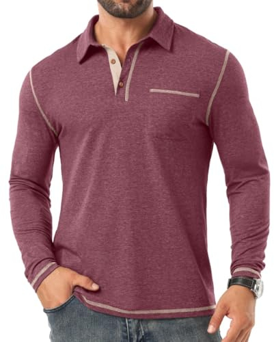 PrinStory Mens Long Sleeve Polo Shirts Cotton Polo Shirts Golf Tennis Tops Casual Grandad Tee Tops with Chest Pocket (Red, L)