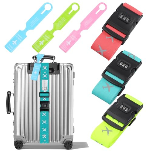 3 Pezzi Cinghia per Valigie con lucchetto a combinazione, Resistente all'usura Riflettente Cinghie da Viaggio Bagagli con 3 etichette per bagagli Disponibile per dimensioni da 20 a 32 pollici