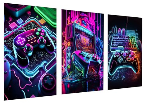 milaosk 3 Stück Wandbilder Gaming Poster Cool Neon Kunstdrucke 30x40cm | Bunte Controller Gamepad Bilder Spielposter für Teenager Jugendzimmer Deko Jungen Gaming Zimmer Deko, Ungerahmt
