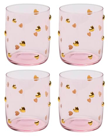 Kare Design Glas Heart, Gläser-Set, 4-teilig, Rosa, 305ml, Wasserglas mit goldenen Herzchen im 3D-Design, Modernes Trinkglas