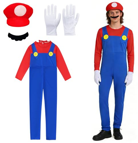 Disfraz de Super Bros para Cosplay,4 Piezas Cosplay Accesorio,Disfraces de Carnaval,Accesorios de Disfraz,con Guantes,Bigote,Gorra,para Carnaval,Mardi Gras,Fiesta Temática,Víspera de Todos los Santos