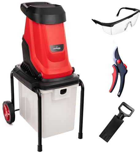 LEHMANN Biotrituratore Elettrico 3000 W, Diametro di taglio fino a 45 mm, Trituratore Rami e Foglie con Telaio robusto, Ruote e Cassetta raccolta 50 L, Accessori - Cesoie e Occhiali di Sicurezza