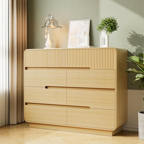 39.4 Wide 8 Drawers Fluted Dressers,Modern Wooden Dresser for Bedroom,Wood Chest of Drawers with Silent Close Slides,Curved Profile Design Wide Dresser for Clothing,Anti-Tipping Device,Natural