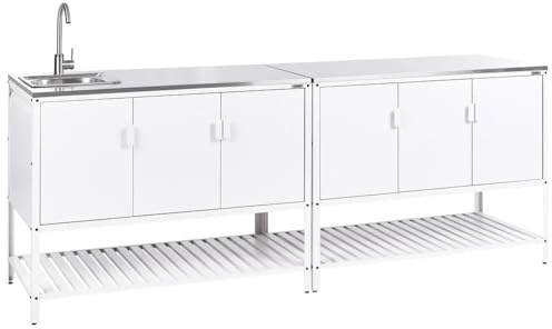 Beliani Outdoor-Küchenschrank 2-teilig Stahl weiß mit Spüle Edelstahlplatte Silber Maenza