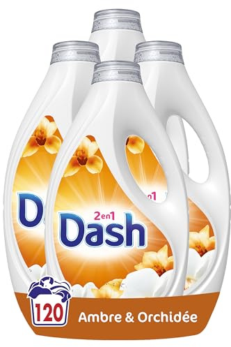 Dash 2en1 Lessive Liquide Ambre & Orchidée x120 | 120 lavages (4X30) | 120 lavages (4X30). Parfum Ambre & Orchidée. Jusqu'à 3 semaines de fraîcheur. Fabriqué en France