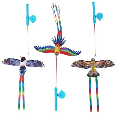 DOITOOL 3 Pezzi Aquilone Dinamico con Alette per La Pesca per Bambini, Aquiloni a Forma di con Battenti E Asta Retrattile, Giocattolo a Forma di Falco E Pappagallo Facile da Far Volare per Giochi