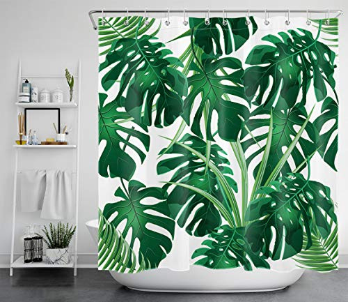 LB Duschvorhang Tropisch Grün Monstera Blätter Wasserdicht Anti Schimmel Extra Lang Weiß Polyester Badezimmer Vorhänge mit 12 Haken,180x200cm