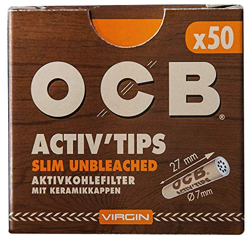 OCB 18666 ActivTips Slim Unbleached-7 mm-Virgin-Aktivkohlefilter mit Keramikkappen-, Papier, (5 x 50 Stück) | 250 Stück (1er Pack)