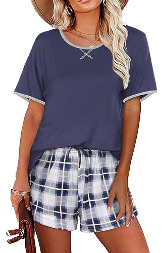 Ekouaer Women Pajama Set Casual Short Set Navy Blue and White Plaid Large