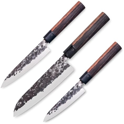 3 Claveles - Juego de 3 Cuchillos Profesionales Estilo Japonés Gama Osaka, Hojas Unicas Forjadas a Mano, Selección Master Chef