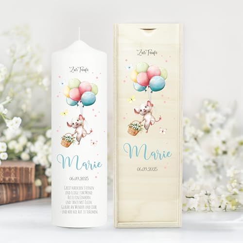 Wandtattoo Loft Taufkerze Junge oder Mädchen Motiv Maus mit Luftballon, 25cm x 7cm, personalisierte Kerze, bedruckte Kerze zur Taufe, Stumpenkerze, individuelles Taufgeschenk