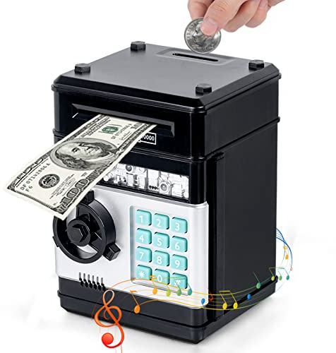 Thedttoy Spardose Scheine Elektronische Geldbank Geldtresor, Sparschwein ATM Tresor Kinder Digitaler Geldautomat Spardosen mit Zähler, Kindertag Geburtstag Geschenke für 5-12 Jahren Junge (Schwarz)