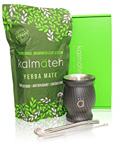 Kalmateh Traditional Yerba Mate Starter Set– Double Walled Stainless Steel Mate Gourd Cup with BPA Free Lid, Bombilla/Bombilla Cleaner & Organic Unsmoked Yerba Mate (Galactic Black)
