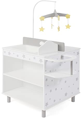 Bayer Chic 2000® Puppen Wickeltisch mit Zubehör – Wickelstation inkl. Hochstuhl, Ablagefächer, Badewaschbecken, Kleiderschrank & Mobile – Puppenmöbel ab 3 Jahren, Sternchen Grau