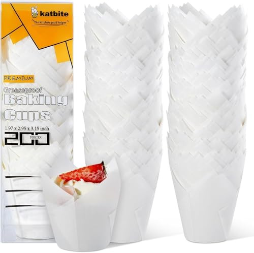 katbite Tulpen Muffinförmchen aus Papier, 200 Stück Cupcake Backbecher für Party Hochzeit Geburtstag, Muffinform in Weiß
