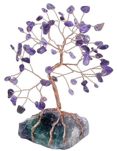 Nupuyai Amethyst Edelstein Baum Fluorit Basis Baum des Lebens Figur Deko | Kristall Glücksbaum, Fluorit Rohstein Basis, Feng Shui Geldbaum, Naturstein Kristall Figur Wohnzimmer Schreibtisch Deko