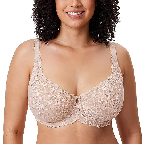 Delimira Women's Plus Size Bra Full Coverage Minimiser Non Padded Lace Underwired Bras Beige 36G