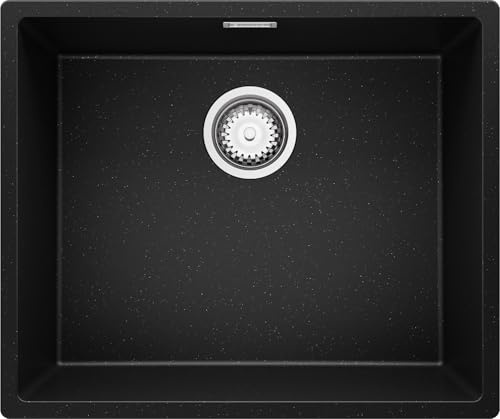 PRIMAGRAN Fregadero bajo Encimera al Mueble 60cm + Kit de desagüe, 56x47cm | Set: Kit de desagüe (sifón, válvula, rebosadero) + London 1 Seno para Cocina, Negro Metallic