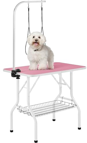 Yaheetech 36'' Dog Grooming Table, Adjustable Pet Foldable Grooming Table w/Double Loops/Mesh Tray Maximum Capacity Up to 220lbs, Pink