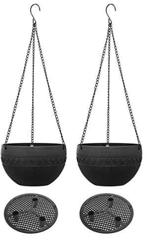 ZhuiKun Blumentopf Hängende Blumenampel mit Ketten Abflusslochs Hängepflanztöpfe für Innen Außen Decken Balkone Pflanzen Wanddekoration - Schwarz,2Pcs - L