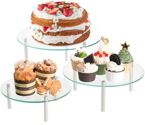Hacaroa 3 Pcs Tempered Glass Cupcake Stands for Party, 9,11,12.6 Inch Round Food Display Stand Clear Retail Risers for Cakes, Desserts, Pastries, Appetizers