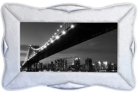 Quadro New York Ponte Notte Cornice Rondine in Ecopelle Bianca, Arredo soggiorno salotto camera da letto cucina ufficio bar ristorante Regalo utili, originali ed economici (Argento, 120x60)
