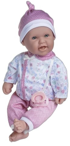 JC Toys- Muñeca La Baby de 40 cm Tiene Cuerpo Blando y Lavable, biberón mágico y Chupete, Rosa, Floral, diseñado en España, +12 Meses
