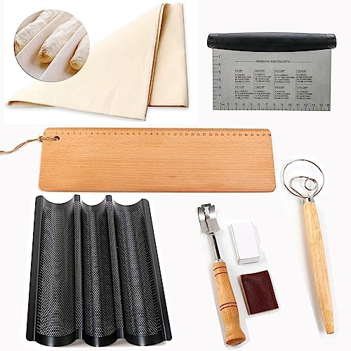 surebuy 38cm Premium Durable Solid Hardwood Flipping Board Baguettes Transfer Peel -Ideal for Artisan Bread Baguettes Baking Bakers with Baking Tray - Dough Whisk - Dough Lame - 2 Couche and Scrapers
