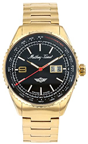 Mathey-Tissot Men's Atlas Swiss Quartz Watch – 43mm Gold-Tone Stainless Steel Case with Coin Edged Bezel, Black Dial with Date and Tachymeter, Matching Bracelet