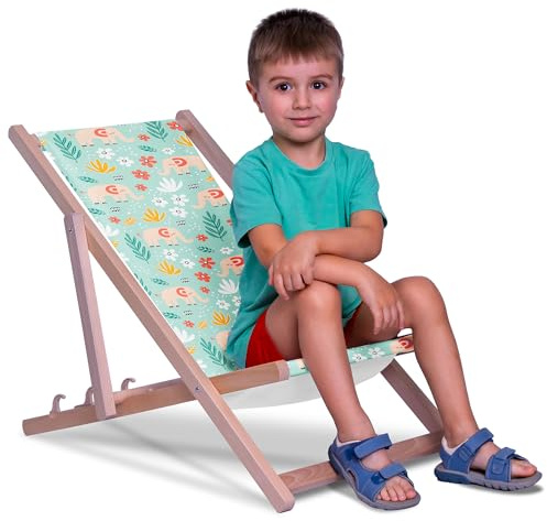DreamRoots Kinder Liegestuhl Holz Gr. S, Elephant Morning | Klappbarer Campingstuhl faltbar, für Garten & Strand, bis 130 kg, waschbarer Bezug, 100% Polyester, UV-beständig, Kinderliege