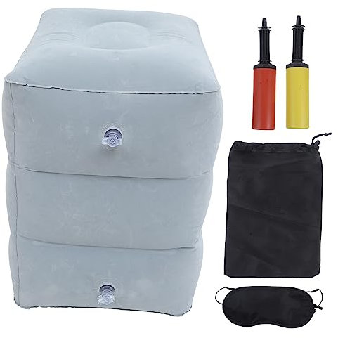 STOBOK Inflatable Foot Rest Airplane Travel Essentials 4pcs Set Adjustable 3-layer Gray Footstool, Air Pump, Storage Bag, and Eye Mask for Flight Comfort Random Color