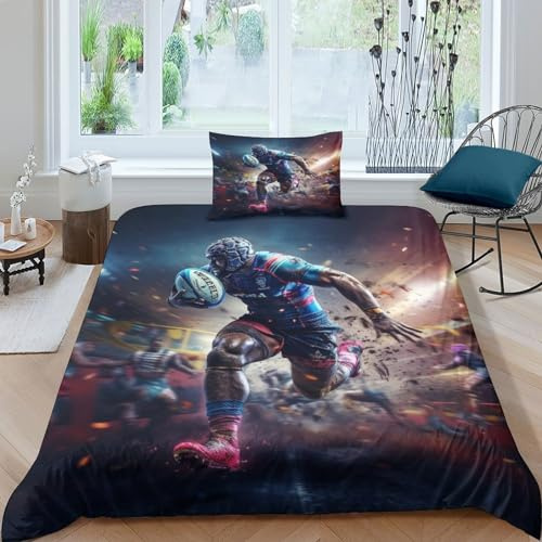 Rugby Housse De Couette Doux Et Souple Parure De Lit Fille Garçon Comfort Cover Microfibre Ensemble De Athletics Literie avec Fermeture Éclair Et Taies D'oreillers Linge De Lit Single（135x200cm）