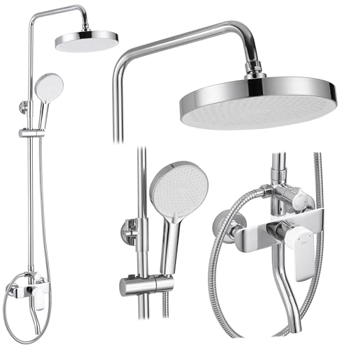 Rea Duschsystem BLOOM WHITE chrom Duschset Duscharmatur mit Duschkopf und Kopfbrause aus Messing Duschgarnitur für Badezimmer (Weiß/chrom)