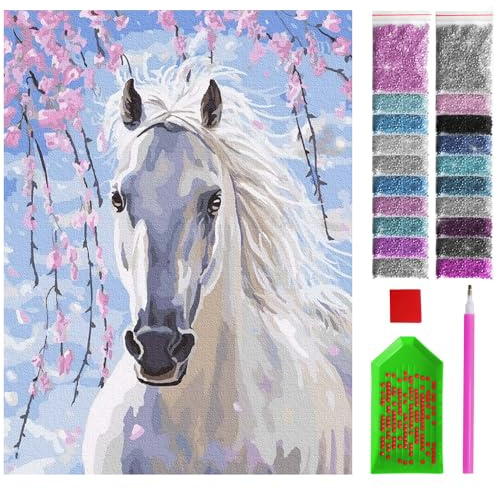 ARTULIO Diamond Painting Set - Weißes Pferd mit rosa Blumen - 30x40 cm – 5D Diamant Painting Bilder DIY, Diamond Painting Erwachsene