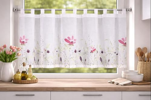 KAMACA Bistrogardine Schlaufenpanneau mit Blumen-Motiv Weiße Küchengardine mit floralem Design Halbtransparenter Kurzstore Lichtdurchlässiger Sichtschutz Voile Scheibengardine (HxB 45x140 cm Evi)