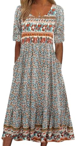 ABINGOO Femmes D'été Manches Courtes Col Rond Robes Bohème Chic Fleurie Imprimé Tunique de Plage Décontractée Midi Robe(Fleur Jaune,L)
