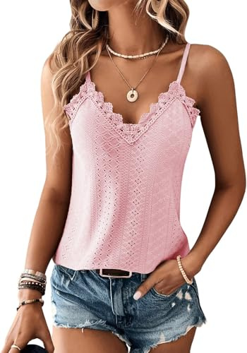 TrendiMax Damspets topp sommar v-ringad spaghettitoppar ärmlös skjorta sexig Cami Top, ROSA, S