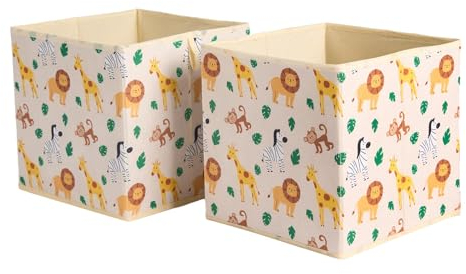 OHS Kids Storage Boxes 2 Pack, Safari Print Storage Cubes for Toys Games Clothing Space Saving Foldable Organiser Kids Cubes Storage Boxes, Beige