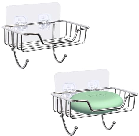 Uten 2 Pcs Strong Self Adhesive Soap Dish, Stainless Steel Soap Holder with Hook No Drilling, Wall Mounted Soap Tray for Shower Bathroom Kitchen, Silver