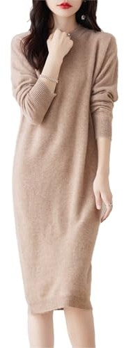 Ailaile Abito in maglia da donna in 100% lana merino, a manica lunga, girocollo, a lunghezza media, pullover, tinta unita, autunno inverno, Cammello, L