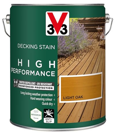 V33 High Performance Decking Stain - Long-Lasting Weather Protection - UV-Resistant - Anti-Slip - Biosourced Formula - Light Oak 5 litres
