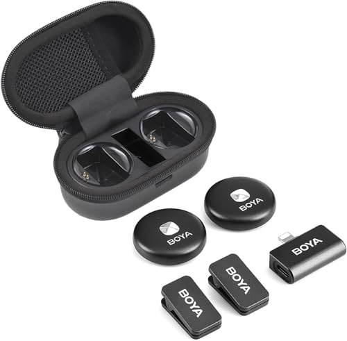 BOYA Omic-D-B Wireless Microphone System with 1 Receiver + 2 Transmitters + 1 Charging Box Noise Reduction Built-in Mini Mic for iPhone14/13/12/11 for Live Streaming Interview Vlog