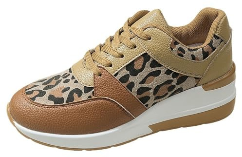 Baskets Femmes Compensées Imprimé léopard Cuir Mode Chaussures De Sport Course Extérieur Antidérapant Tendances Jogging Sneakers Confortables (Brown, 36)