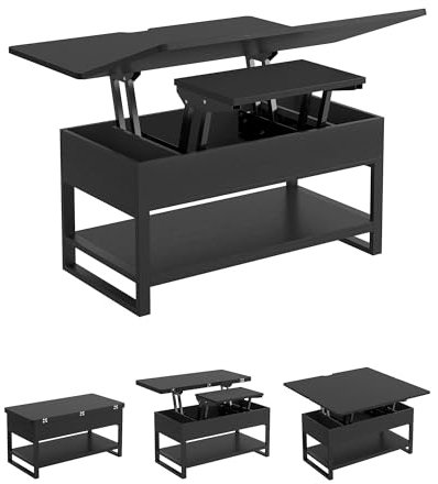 Couchtisch Höhenverstellbar, 3-in-1 Multifunktionaler Wohnzimmertisch, Kaffeetisch, Versteckte Aufbewahrung, Offenes Fach, Als Esstisch nutzbar, für Wohnzimmer, Büro, Schwarz