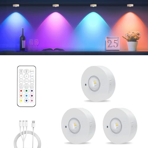 MERTTURM Rechargeable LED Cupboard Light, USB Wireless RGB Puck Light, Battery Operated Shelf Display Cabinet Light, Dimmable Stick on Wall Light with Remote Control/Timer for Wardrobe/Kitchen-3 Pack