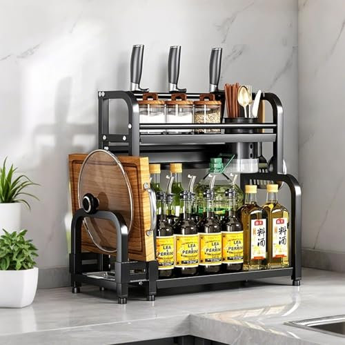 AZVFLY Gewürzregal Stehend Küchenregal für Arbeitsplatte: Spice Rack 3 Etagen Großes Fassungsvermögen Organizer Schublade mit Utensilienhalter Schneidebretthalter 3 Haken (40cm-2 Etagen)